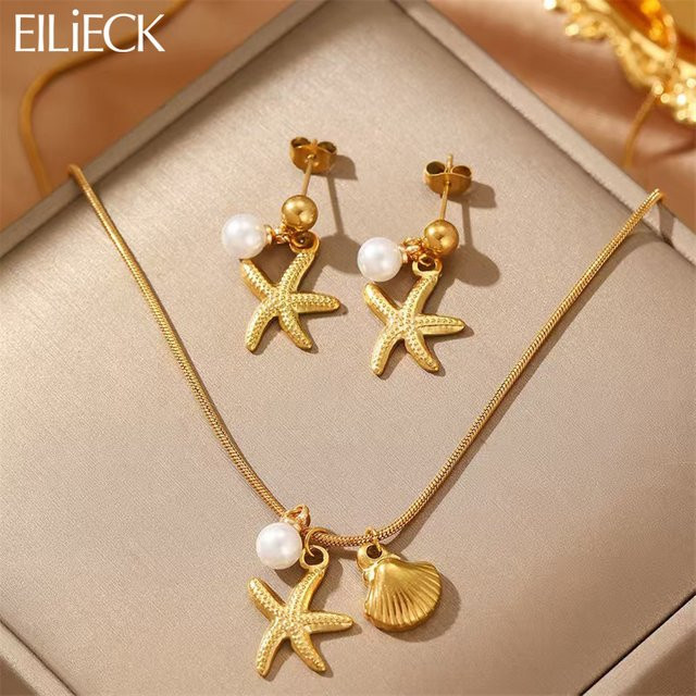 EILIECK Schmuck-Set, Edelstahl, Perle, Gold, Damen - Bild 1