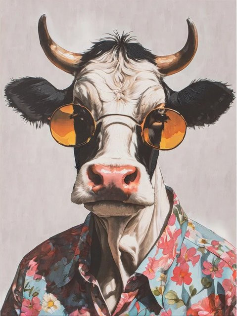 Art Universe Leinwandbild Cow Spring Time, Motiv Kuh und Blumen, Mehrfarbig, Breite: 60 cm, Höhe: 80 cm - Bild 1