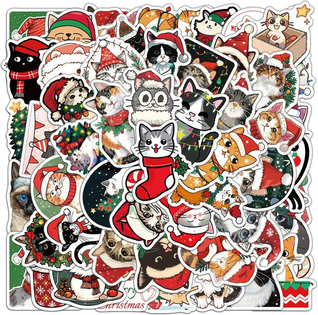50 Stück wasserfeste Weihnachts-Katzen-Aufkleber in Multicolor von BulingBulingStickers Store zur Dekoration von Handyhüllen, Notebooks und iPads - Bild 1