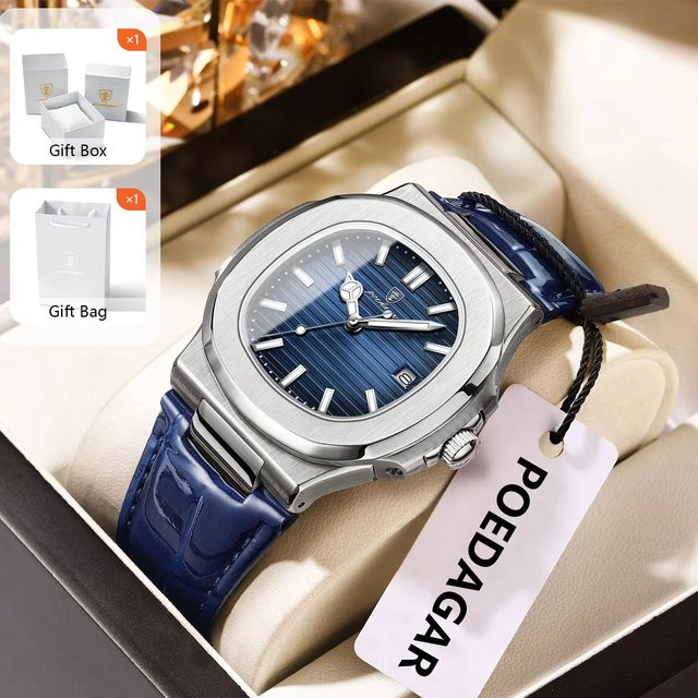 POEDAGAR Armbanduhr Quarz, Leder, Blau, Herren - Bild 1