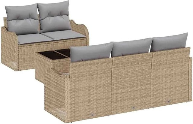 vidaXL Garten-Sofa-Set 6-teilig in Beige und Grau mit L-Form, Polster-Sofa, Lounge-Sessel und Couchtisch inklusive Kissen und integriertem Stauraum - Bild 1