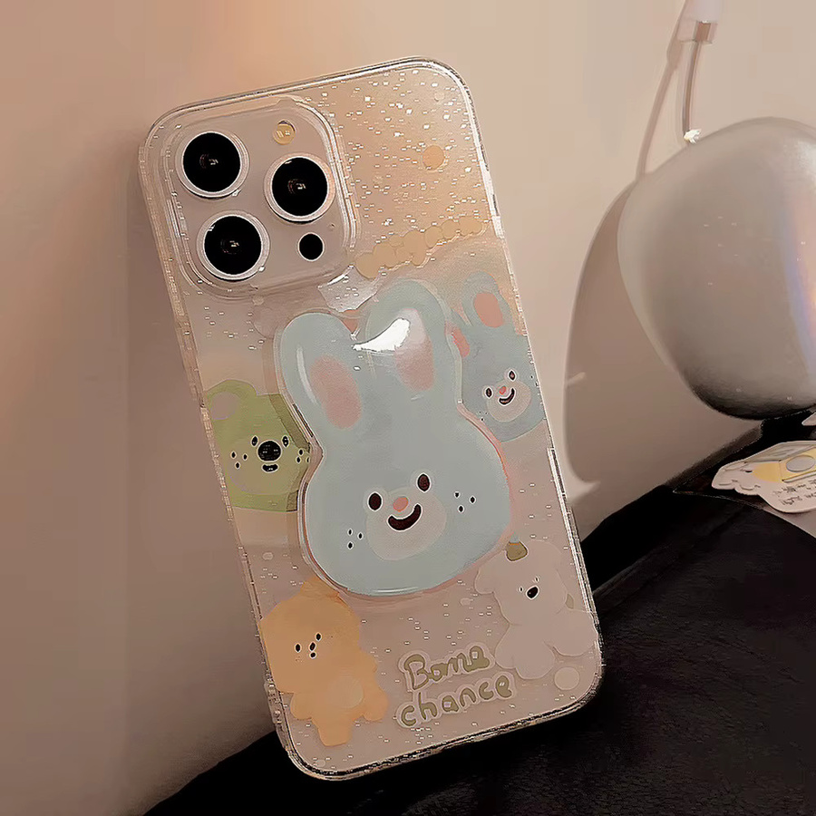MUQGEW Handyhülle mit glitzernden koreanischen Cartoon-Tieren und blauer Hase-Halterung für iPhone 17 16 15 14 13 12 11 Pro Max, stoßfestes Softcover, Blau/Mehrfarbig - Bild 2