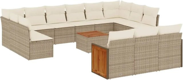 vidaXL 14-teilige Garten-Sofagarnitur aus Poly-Rattan und Akazienholz in Beige-Creme mit Kissen - Bild 1