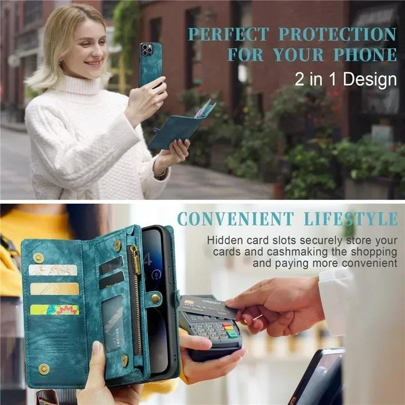 CaseMe Magnetische Flip-Leder-Handyhülle mit Reißverschluss-Geldbörse für iPhone 11 bis iPhone 17 Air in Schwarz, Rot, Braun oder Grün - Bild 4