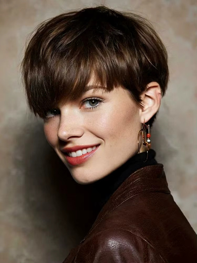 OYM HAIR Perücke, braunes brasilianisches Echthaar, kurzer Pixie-Schnitt, Damen - Bild 4