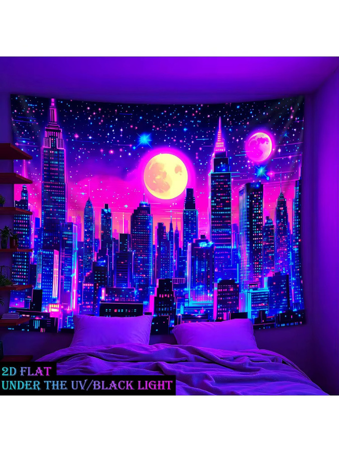 VIKAMA Cyberpunk Neon City Wandteppich in Lila-Blau mit Sternenhimmel und Vaporwave-Design, B: 60 cm, H: 40 cm - Bild 4