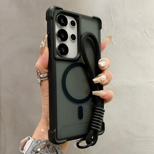 Magnetische Schutzhülle mit Airbag-Schutz und Armband Lanyard für Samsung Galaxy S23 S24 S25 S26 Ultra Plus, transparent - Bild 1
