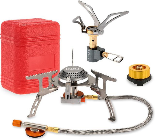Lixada Tragbares Camping-Kochgeschirr-Set mit 3000 W Gaskocher, zusammenklappbarer Mini-Taschenkocher und Adapter - Bild 1