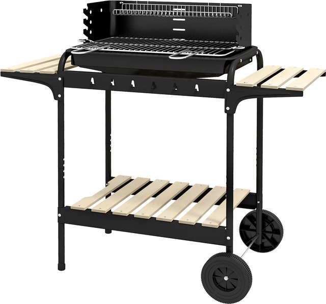 Outsunny Holzkohlegrill BBQ Smoker aus Metall mit Rädern, höhenverstellbarem Grillrost und Holzablage, B/T/H: 103 x 47 x 95 cm - Bild 1