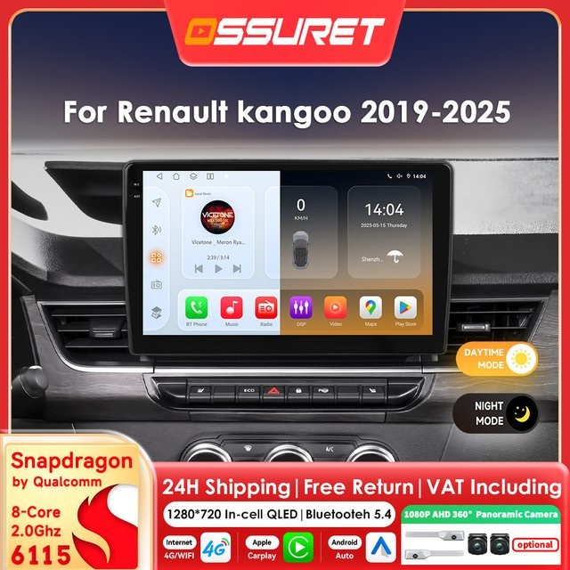 OSSURET Android 14 Autoradio für Renault Kangoo 2019–2025 mit 10,1 Zoll Display, Snapdragon 8-Core Prozessor, Carplay, GPS und 360 Grad Kamera Unterstützung in Schwarz - Bild 1