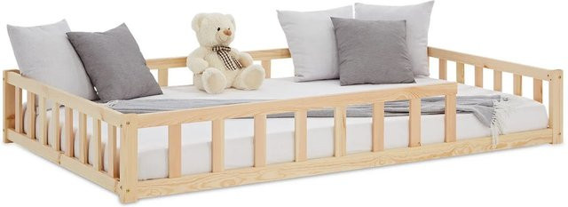 Homestyle4u Kinderbett aus Kiefernholz in Natur mit Rausfallschutz und Lattenrost, Bodenbett, B/T/H: 120 x 200 x 32 cm - Bild 1