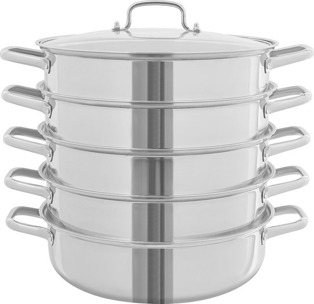 Bymaocar 5-stufiger Dampfkocher aus Edelstahl in Silber, 32 cm Dampftopf mit 4 Dampftabletts und Deckel für Fleisch und Gemüse - Bild 1