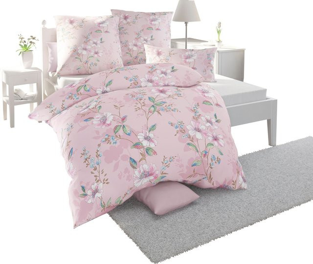 Biberna Bettwäsche Floral Blüten Pink aus 100% Baumwolle mit Reißverschluss B/H: 135 x 200 cm und Kissen 80 x 80 cm - Bild 1