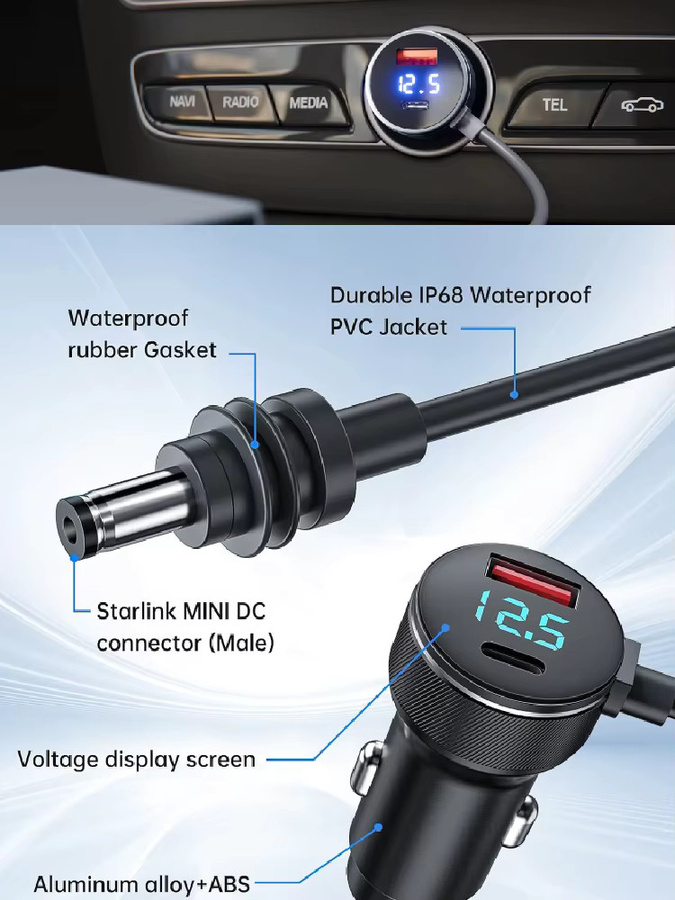 Kebidumei USB Typ C Auto Ladegerät für Starlink mit Digital Voltmeter und 2m wasserdichter Verlängerung, Schwarz, 12V-24V Fahrzeuge - Bild 6