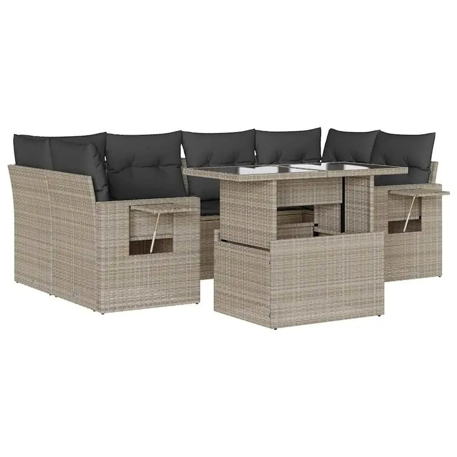 vidaXL 7-teilige Garten-Sofagarnitur in L-Form aus Poly-Rattan mit Kissen in Hellgrau - Bild 2