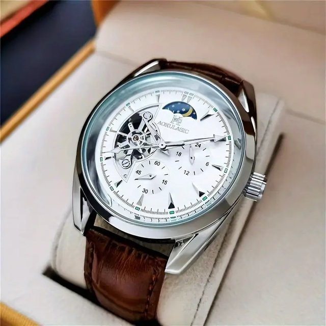 AOKULASIC Armbanduhr Automatik, Mondphasenanzeige, Blau, Leder, Herren - Bild 1