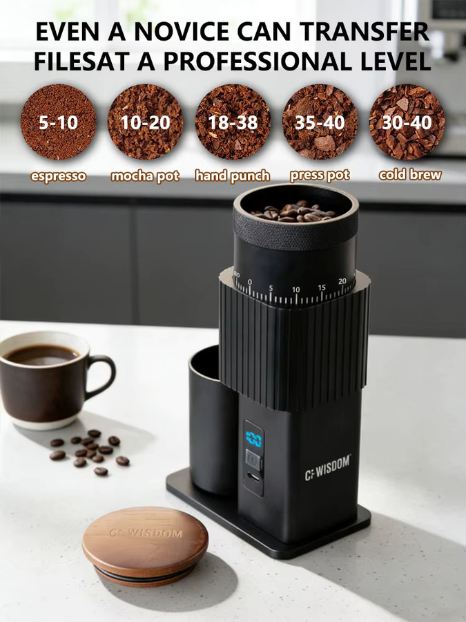Elektrische Kaffeemühle von CF Wisdom, tragbare USB-aufladbare Gratmühle in Schwarz - Bild 6