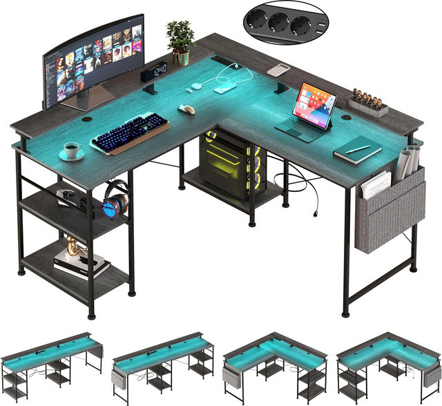 ThomP Gaming Schreibtisch in L-Form mit Regal, Steckdose, USB und RGB LED in Grau/Schwarz - Bild 1