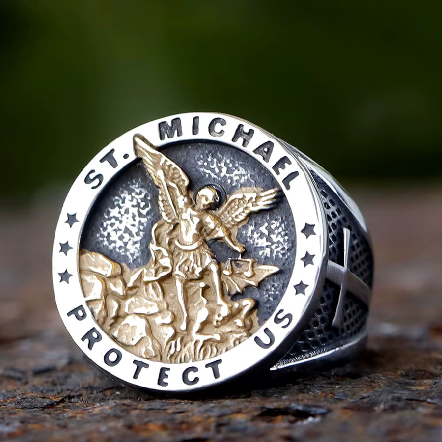 Ring Edelstahl, Goldfarben, St. Michael Kreuz, Vintage, Herren - Bild 2