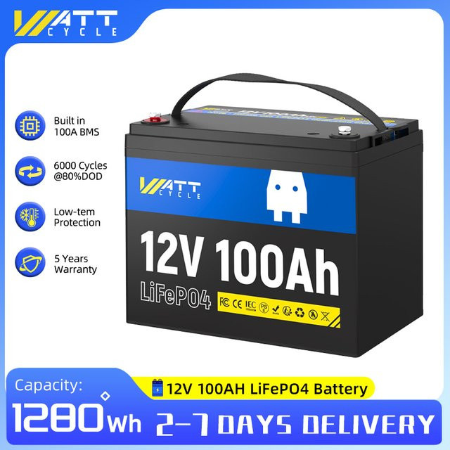 Wattcycle LiFePO4-Batterie 12V 100Ah mit integriertem 100A BMS, wiederaufladbare Lithium-Batterie in Schwarz, 1280Wh Kapazität mit Niedertemperaturschutz - Bild 1
