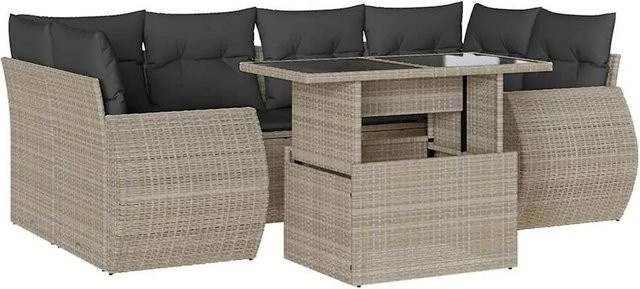 vidaXL 7-teilige Garten-Sofagarnitur in L-Form aus Poly-Rattan in Hellgrau mit wetterfesten Kissen - Bild 1