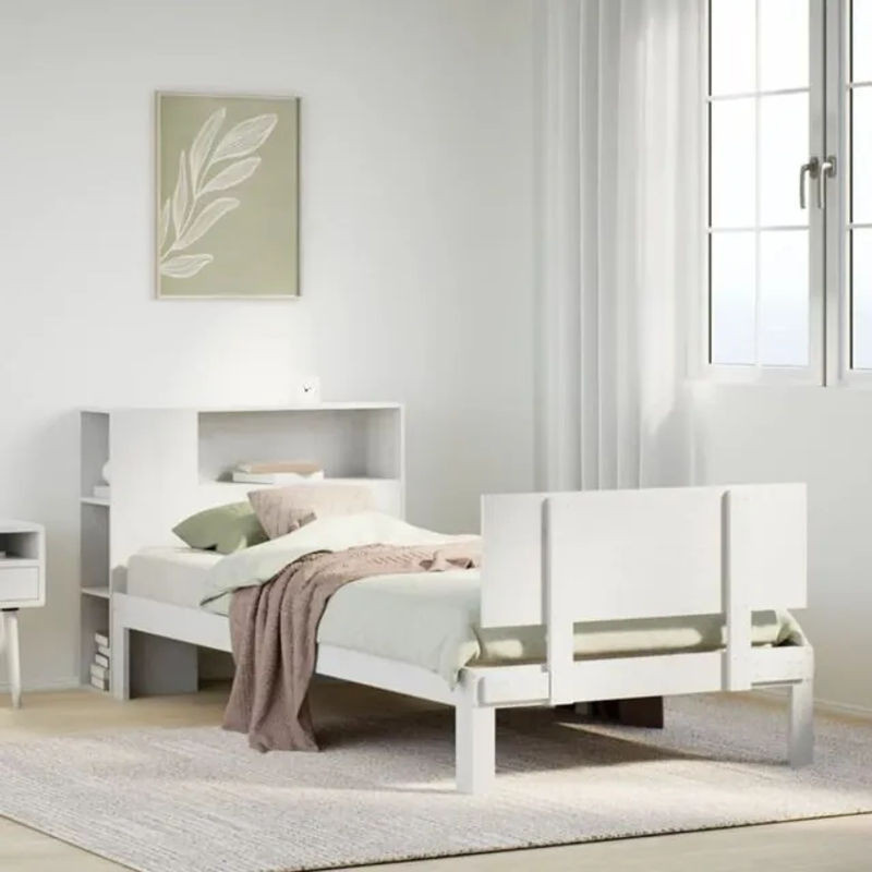 Massivholzbett Vidaxl aus Kiefer mit Regal in Weiß, B/T/H: 75 x 190 cm - Bild 1