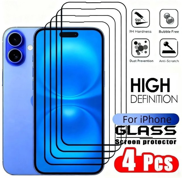 4 Stück Full Cover Displayschutzfolie aus gehärtetem Glas mit 9H Härte für Apple iPhone 17 16 15 14 13 12 11 Pro Max Plus XR XS in Transparent - Bild 1