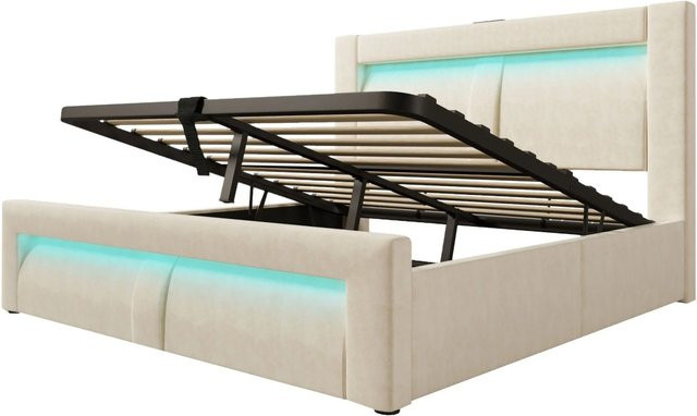 okwish Einzelbett mit LED-Beleuchtung, USB-Ladeanschluss und Nachttischregal in Beige, B/T/H: 160 x 200 x 107 cm - Bild 1