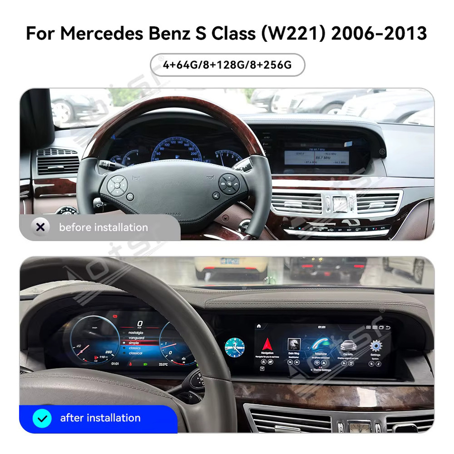 Aotsr Android 13 Multimedia Auto-Radio mit GPS-Navigation und Carplay für Mercedes-Benz S W221 2006-2013 in Schwarz - Bild 2