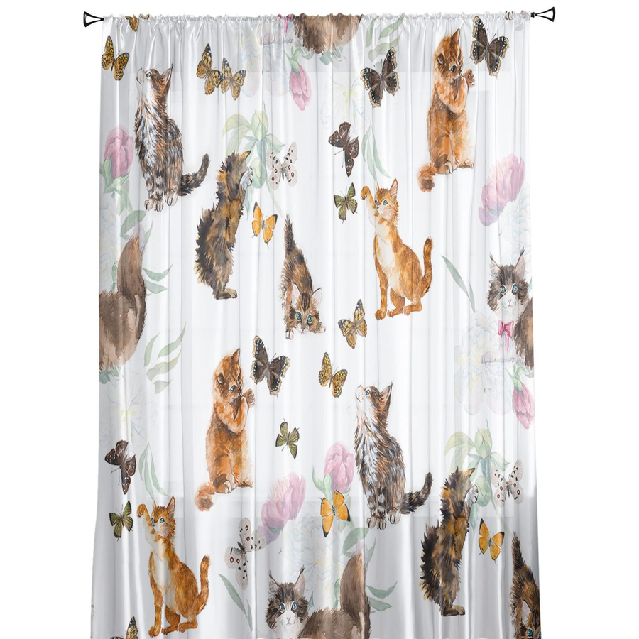 Transparente Tüll-Vorhänge mit Aquarell-Katze, Schmetterling und Blumen im modernen Stil, Farbe: Multicolour, B: 135 cm, H: 115 cm - Bild 3