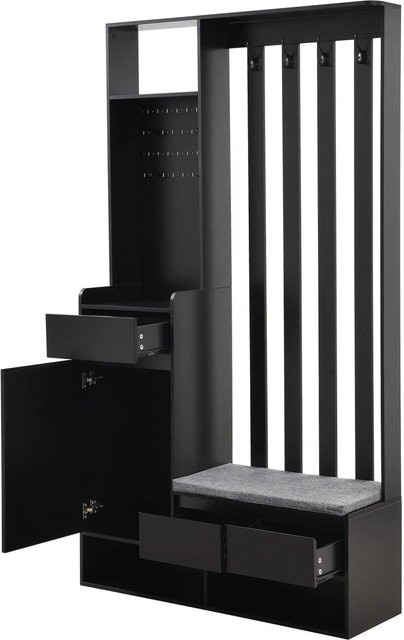 okwish Flurgarderobe mit Schuhbank und 4 Haken in Schwarz, B/T/H: 100 x 35 x 180 cm - Bild 1