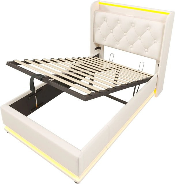 Merax Polsterbett mit Hydraulik, LED-Unterbettbeleuchtung und USB-C Ladestation, Weiß, B: 90 cm, T: 200 cm, H: 104 cm - Bild 1