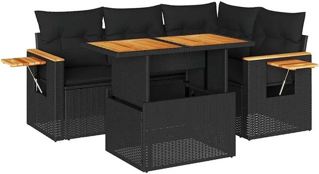 vidaXL 5-teilige Garten-Sofagarnitur in L-Form mit Tisch und Kissen, Schwarz, Poly-Rattan und Akazienholz - Bild 1