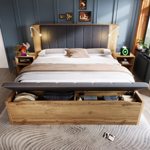 KOMHTOM Doppelbett aus Holz in Eichefarben mit klappbarem Leinen-Kopfteil, integrierten Nachttischen, Bettbank mit Stauraum und USB-Leselampen - Bild 1