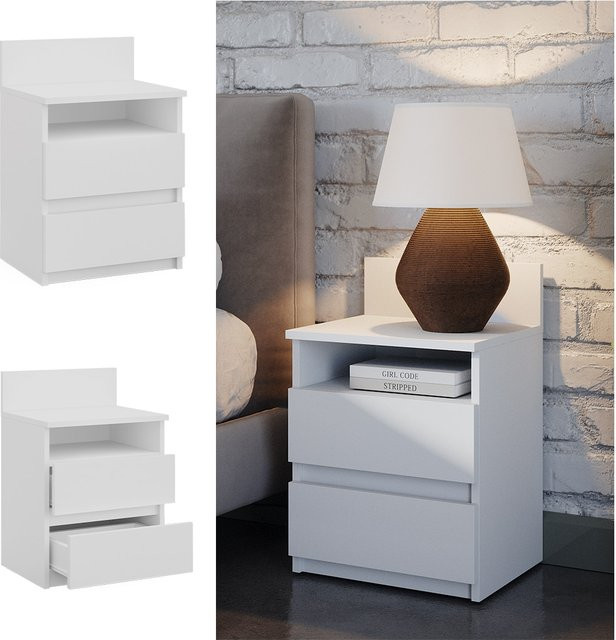 Vicco Nachttisch Monty in Weiß mit 2 Schubfächern für Schlafzimmer und Kinderzimmer, B: 39,6 cm, T: 59,1 cm - Bild 1