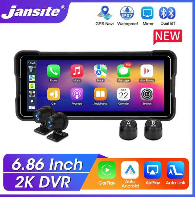 Jansite 6,86 Zoll Motorrad DVR mit GPS Navigation, Wireless CarPlay und Android Auto, IPX7 Wasserdicht, Dual Bluetooth, Schwarz - Bild 1