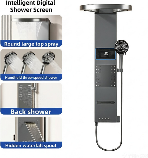 LED Duschpaneel System von WEllBlue in Grau mit Wandmontage, Regen- und Wasserfallset, digitalem Display und Pianotasten-Funktion - Bild 1
