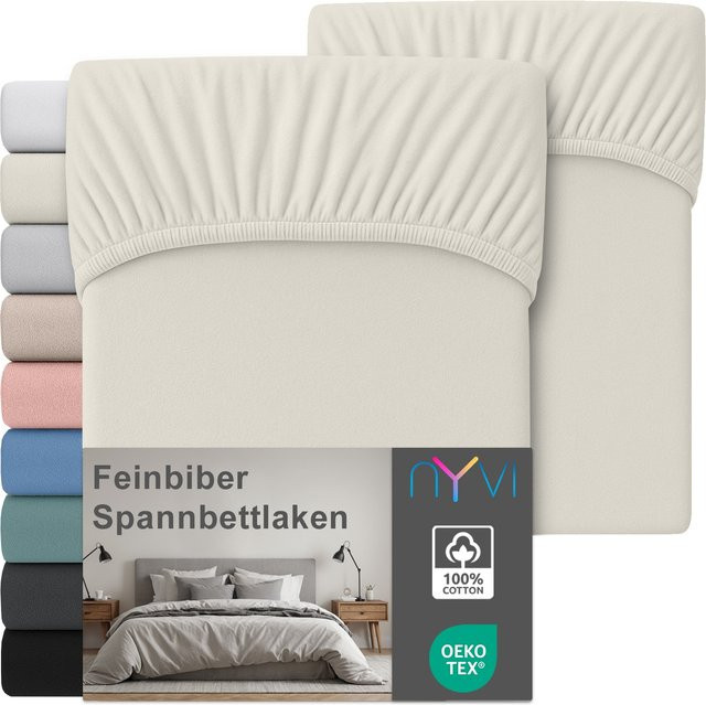 NYVI Feinbiber Spannbettlaken Deluxe 2er Set aus 100% Baumwolle, Bügelfrei und Vorgekrumpft, Farbe: Beige, B/T: 180 x 200 cm, Steghöhe bis 25 cm - Bild 1
