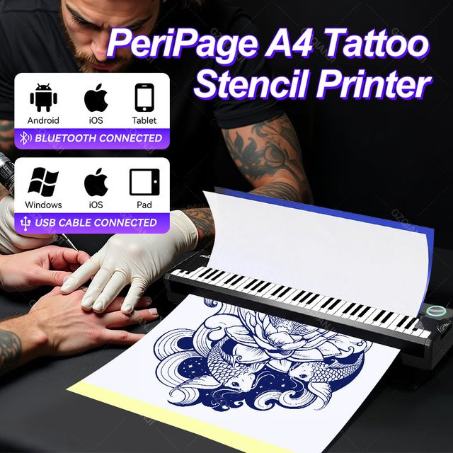 PeriPage P90 Pino Kabelloser Tattoo-Schablonendrucker Tragbare Thermotransfermaschine in Schwarz für Anfänger Kompatibel mit Telefon und PC - Bild 1