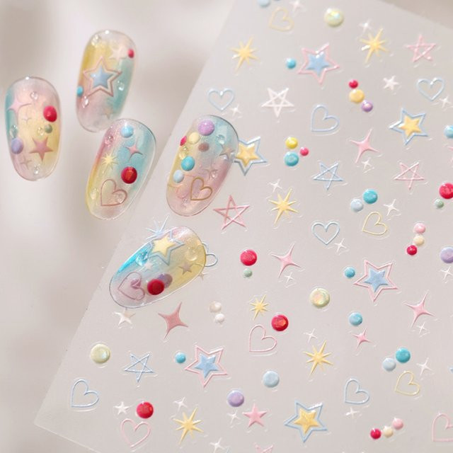 Rhstoe Nagelaufkleber 5D Macaron Stern Herz Polka Dot, Damen, Glänzend - Bild 1