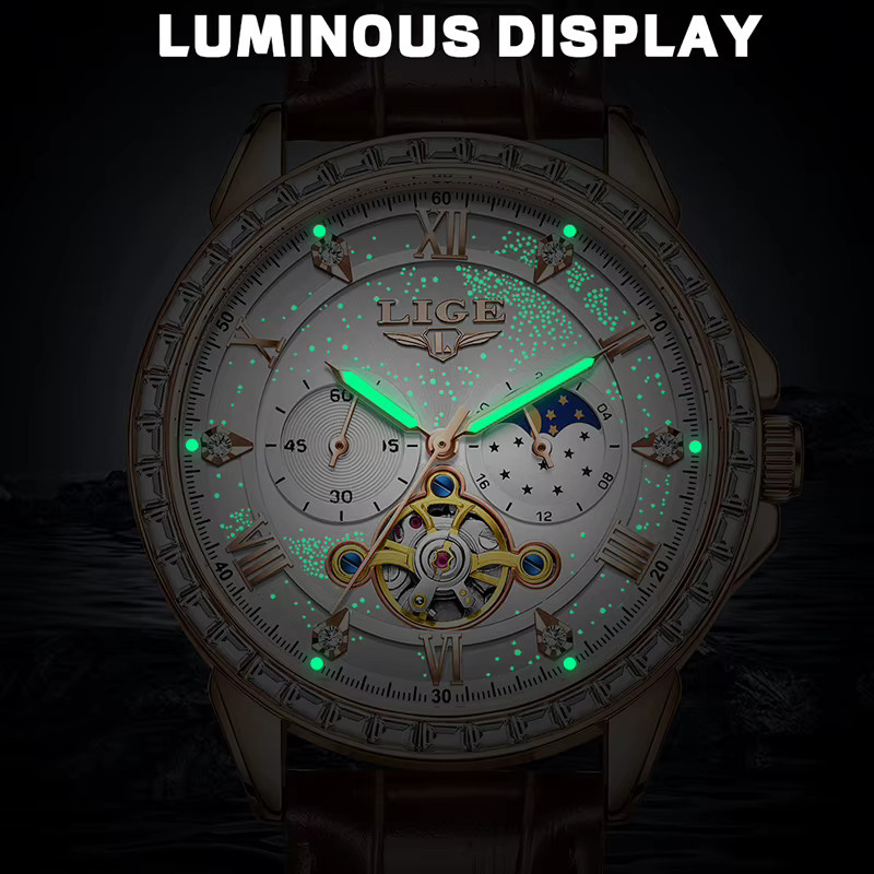 LIGE Armbanduhr Automatik, Leder, Silber, Zirkonia, Herren - Bild 3