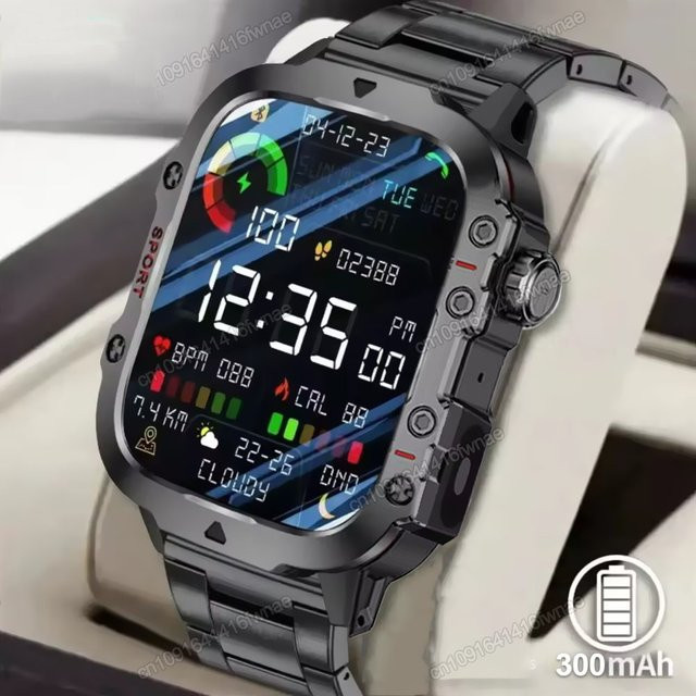Ola Esporte Militär-Smartwatch für Herren mit 2,01 Zoll HD-Touchscreen, Bluetooth-Anruffunktion und LED-Taschenlampe in Schwarz oder Silber - Bild 1