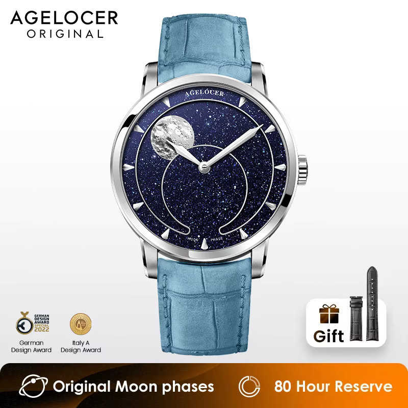 AGELOCER Analoguhr, Edelstahl, Blau, Mondphase, Leder, Herren - Bild 2