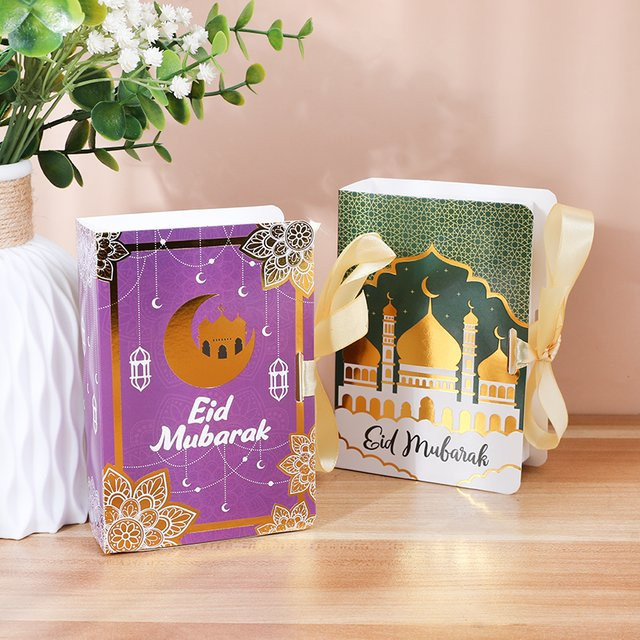 5 Stück Eid Mubarak Geschenkboxen in Buchform mit Schleifenbändern für Ramadan und Islam zur Verpackung von Süßigkeiten und Keksen von ZQCXLD - Bild 1