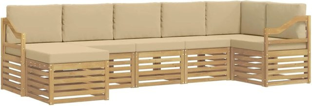 vidaXL Outdoor-Sofagarnitur aus Akazienholz in Weiß und Beige, 7-teiliges L-Shape Gartenmöbel-Set mit Polstern und Ottoman - Bild 1
