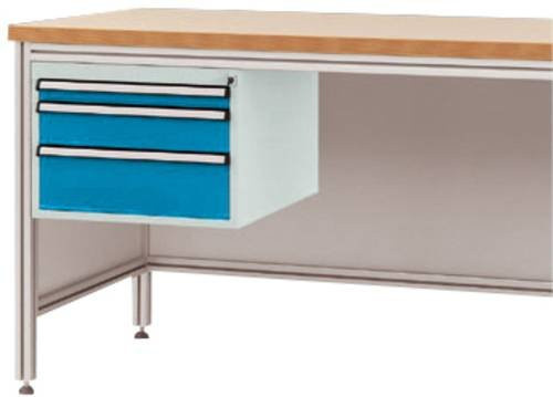 Manuflex ZB4672.5012 Gehäuse-Unterbau für ALU-Arbeitstische in Blau mit 3 Schubfächern, Nutzhöhe: 300 mm, für Tischtiefe: 800 mm - Bild 1