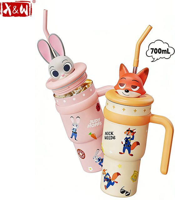 X&W Disney Thermosbecher Nick & Judy aus Edelstahl mit Strohhalm, 700 ml, tragbarer Kaffeebecher für Heiß- und Kaltgetränke - Bild 1