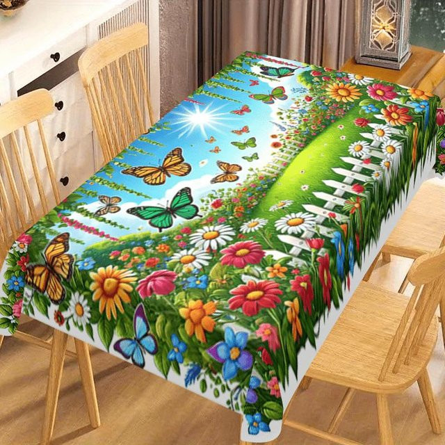 JMG Household Supplies Rechteckige Tischdecke mit Aquarellblumen und Schmetterlingen, Mehrfarbig, B/T: 160 x 100 cm - Bild 1