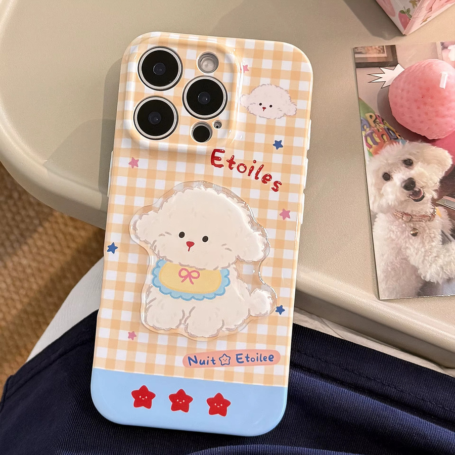 MUQGEW Stoßfeste Handyhülle mit 3D-Cartoon-Welpen und Gittermuster für iPhone 11 bis 16 Pro Max inklusive Lanyard, Mehrfarbig - Bild 3