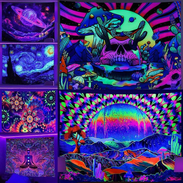 VIKAMA UV-reaktiver Wandteppich mit abstraktem Design in Multicolour, psychedelischer Wandbehang für dein Schlafzimmer oder Wohnheim, Breite: 60 cm, Höhe: 40 cm - Bild 1